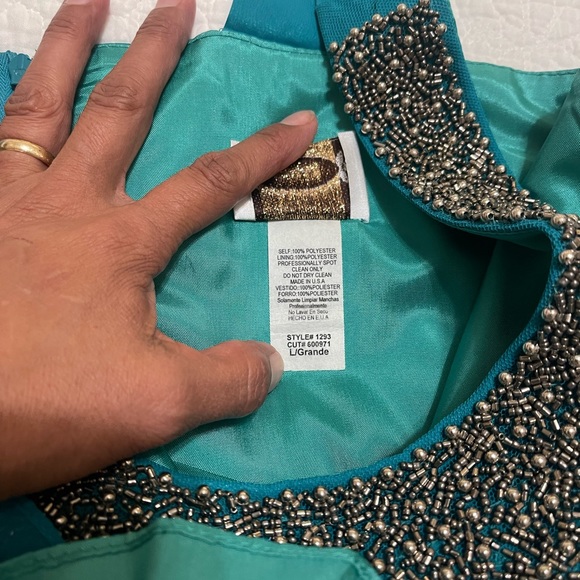 Beaded embellished necklace teal party dress, worn once, sleeveless Size L - Picture 8 of 10